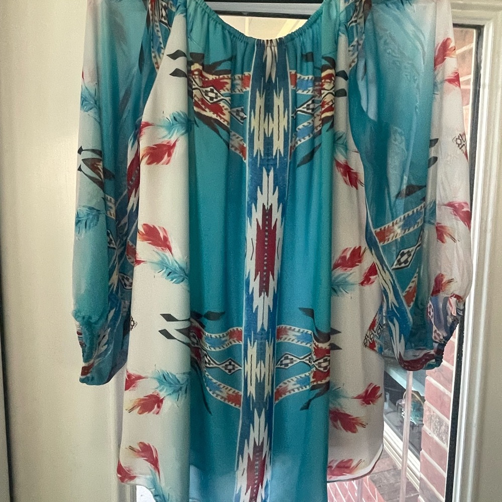 Vibrant A-Line Skirt and Blouse Set in Turquoise and Red - Picture 2 of 11